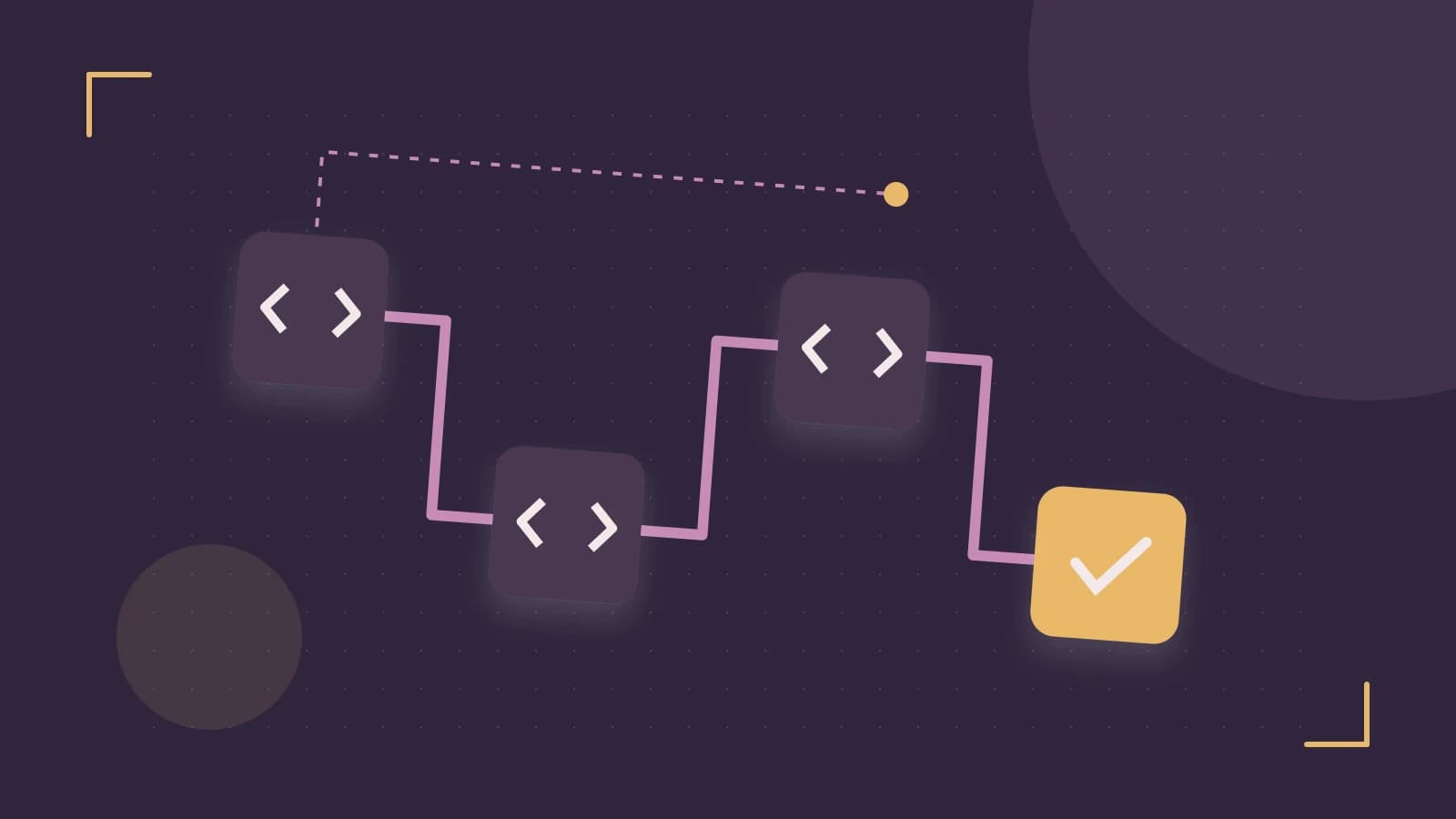 Editorial illustration of a branching build pipeline, staged transformations and a completed check