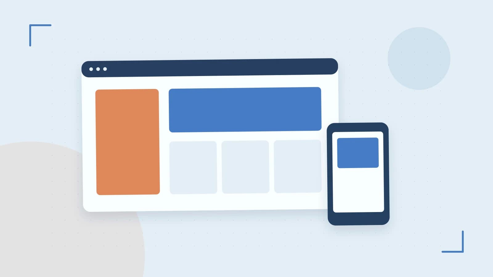 Editorial illustration of responsive browser layouts, overlapping design components and a color system