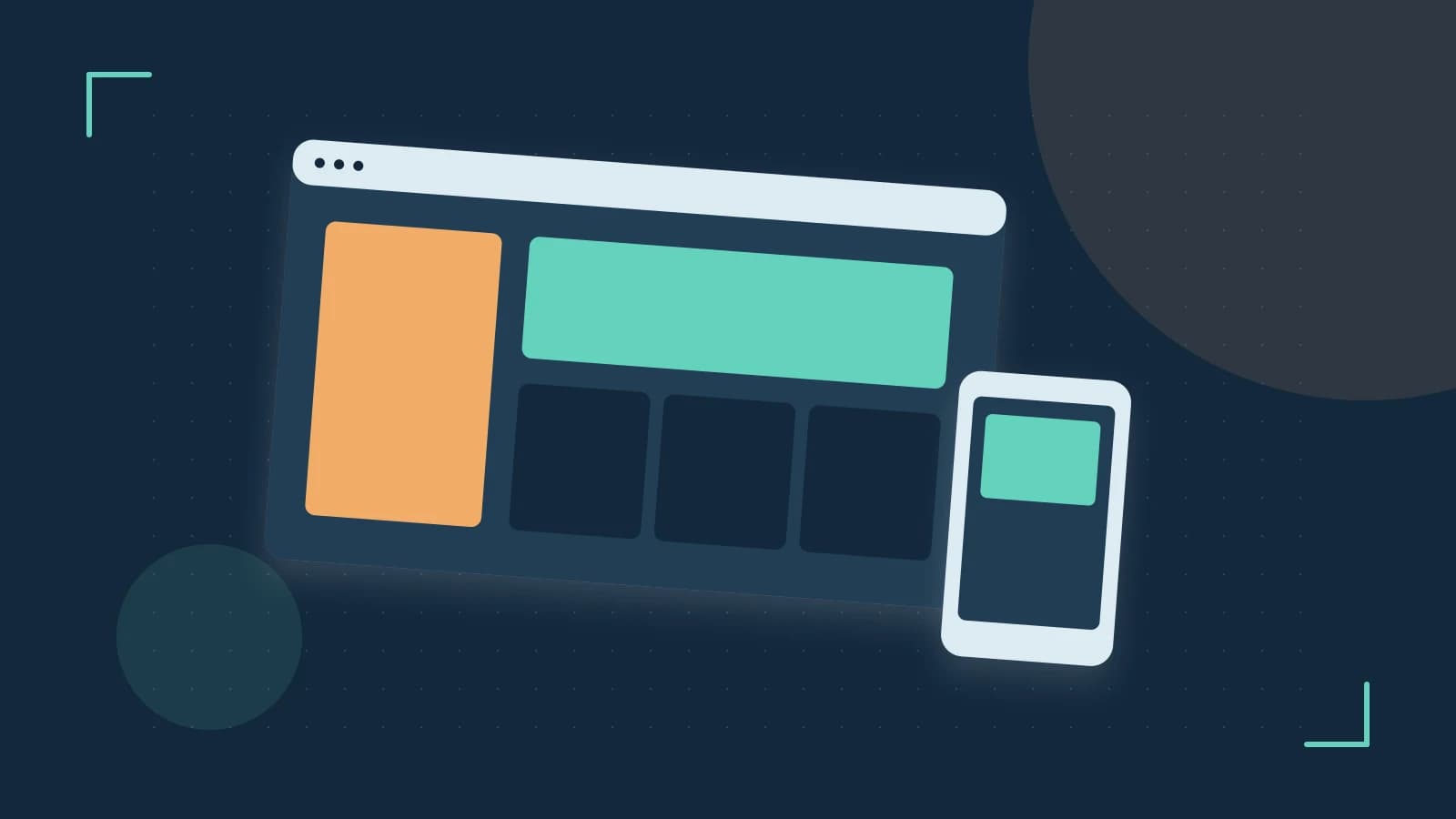 Editorial illustration of responsive browser layouts, overlapping design components and a color system