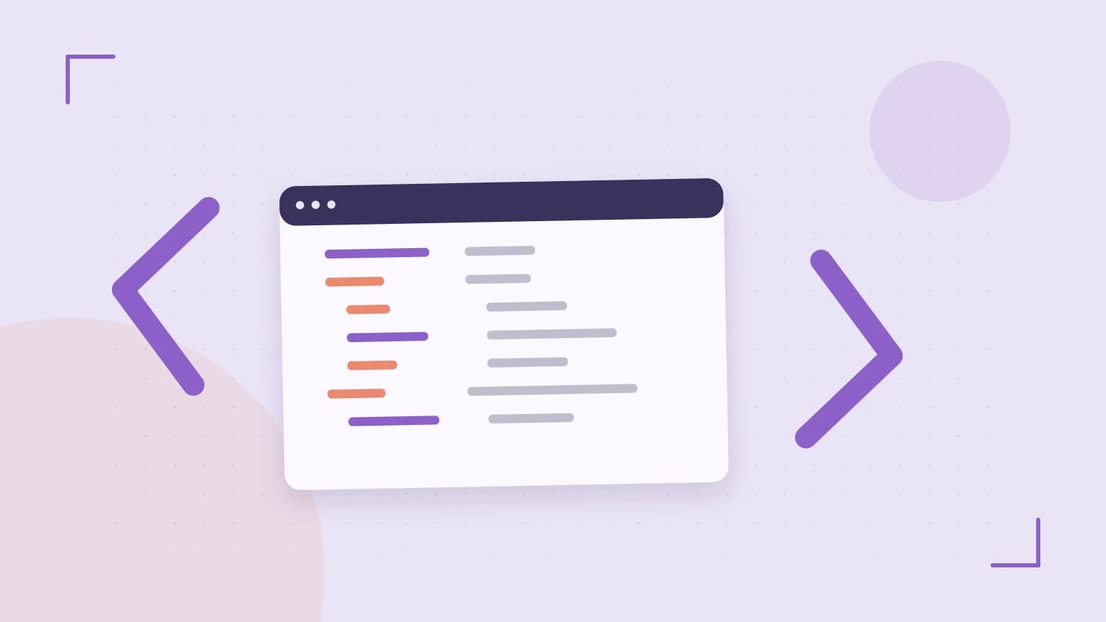 Editorial illustration of an abstract code editor, syntax blocks and oversized programming brackets