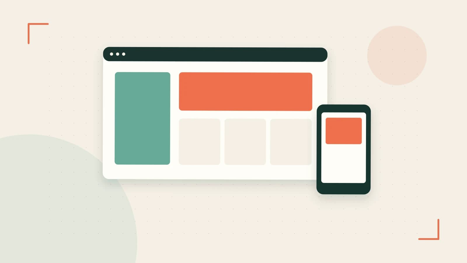 Editorial illustration of responsive browser layouts, overlapping design components and a color system