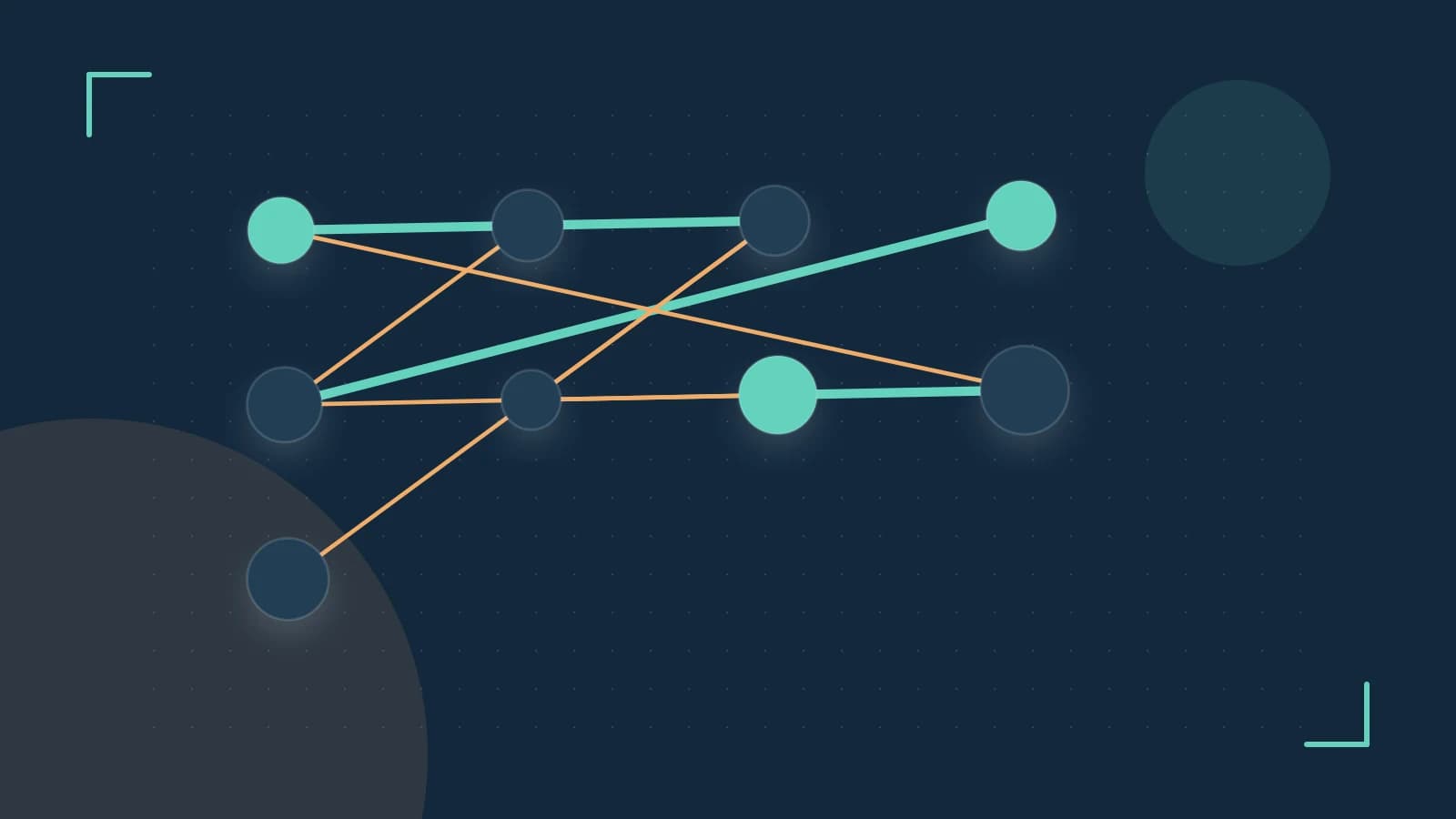 Editorial illustration of an algorithmic node graph with branching paths and a highlighted result