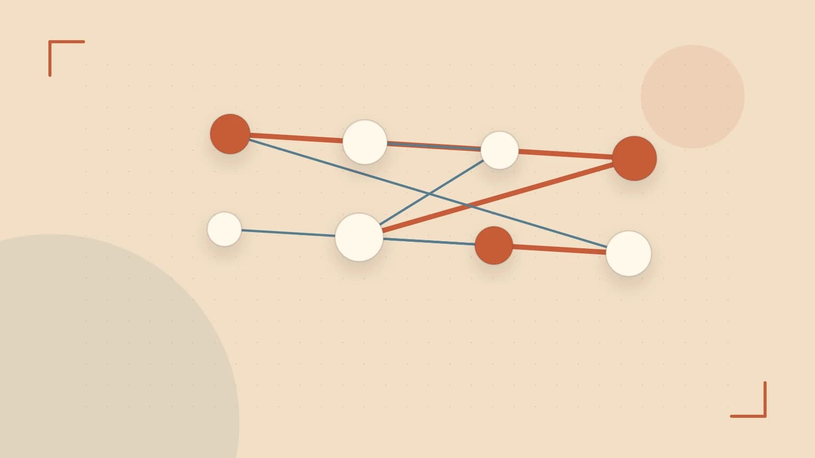 Editorial illustration of an algorithmic node graph with branching paths and a highlighted result