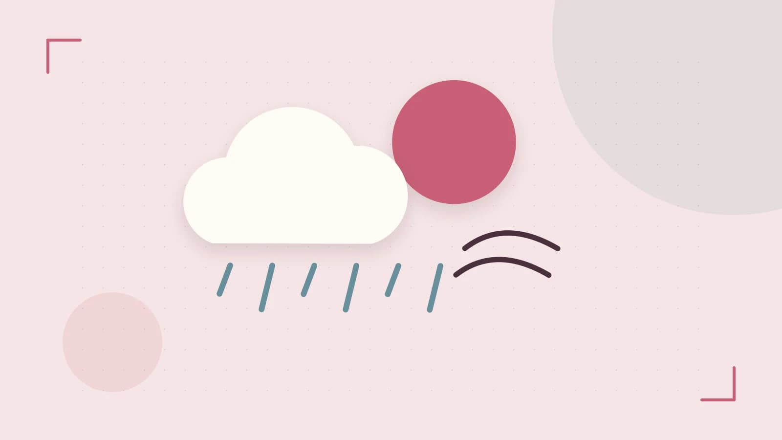 Editorial illustration of a sun, layered clouds, raindrops and flowing weather patterns