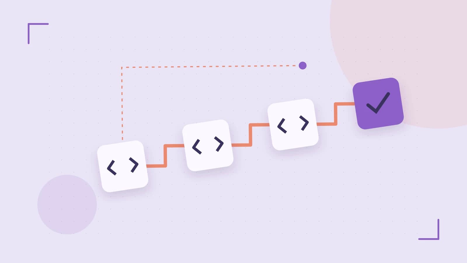 Editorial illustration of a branching build pipeline, staged transformations and a completed check