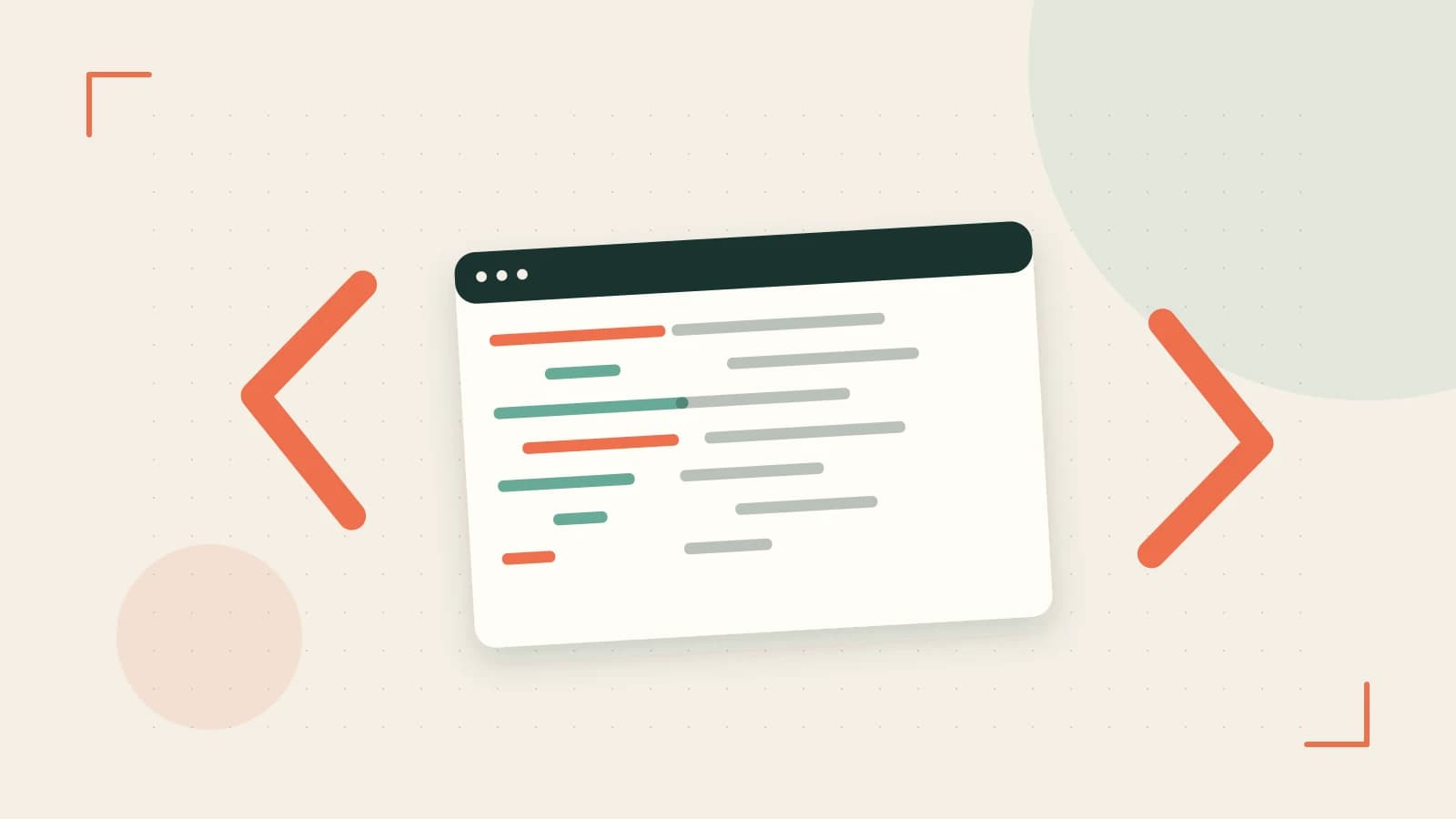 Editorial illustration of an abstract code editor, syntax blocks and oversized programming brackets