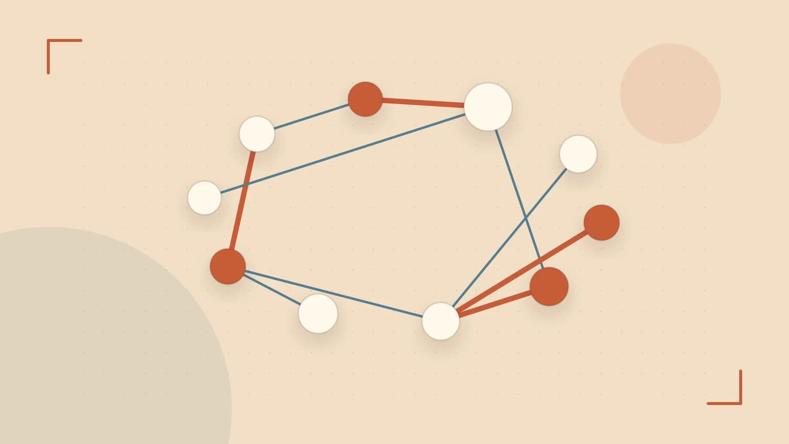 Editorial illustration of an algorithmic node graph with branching paths and a highlighted result