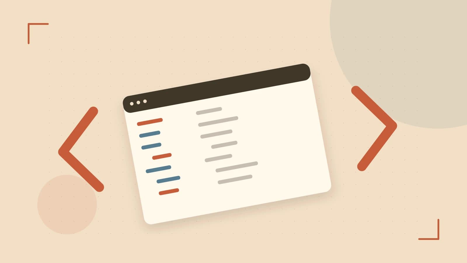Editorial illustration of an abstract code editor, syntax blocks and oversized programming brackets