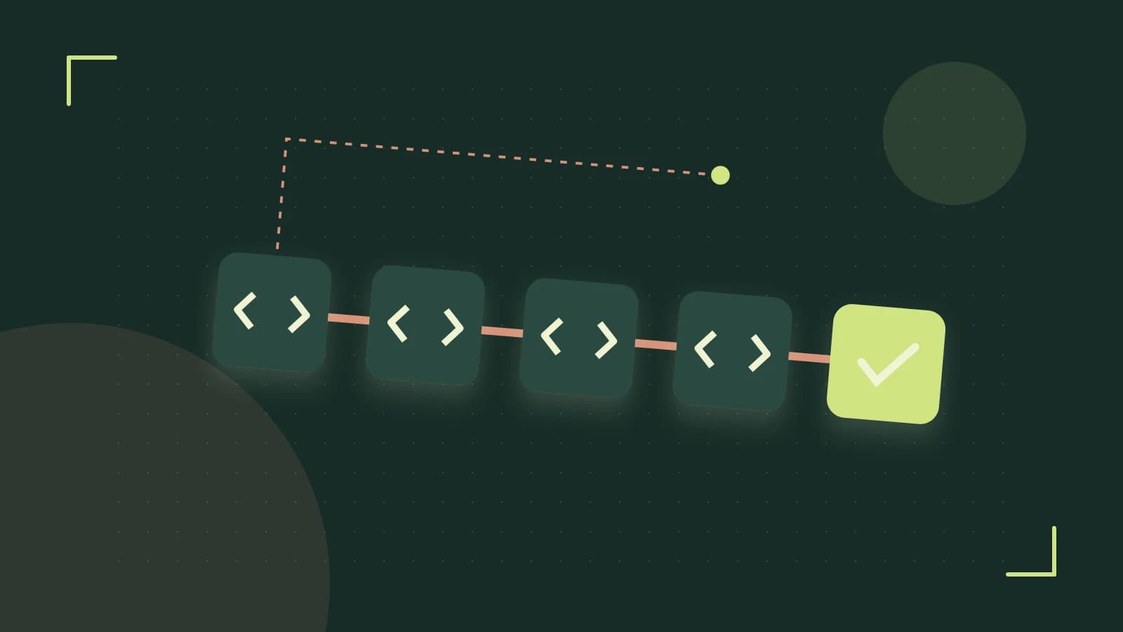 Editorial illustration of a branching build pipeline, staged transformations and a completed check