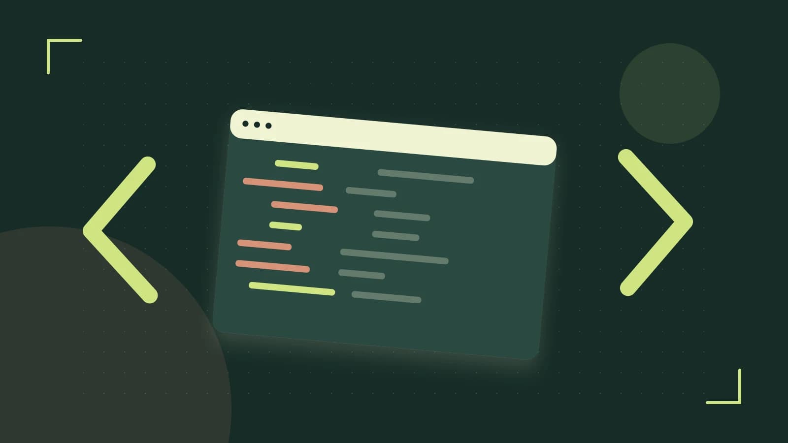 Editorial illustration of an abstract code editor, syntax blocks and oversized programming brackets