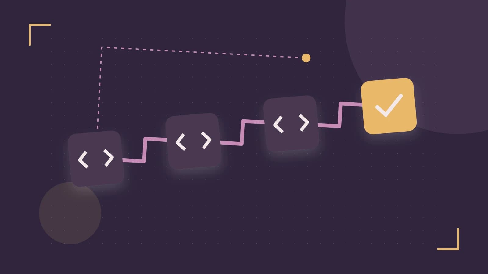 Editorial illustration of a branching build pipeline, staged transformations and a completed check