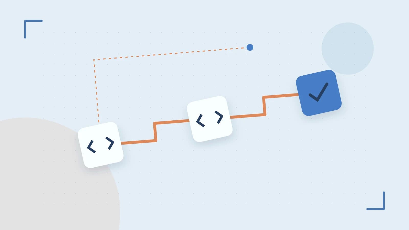 Editorial illustration of a branching build pipeline, staged transformations and a completed check