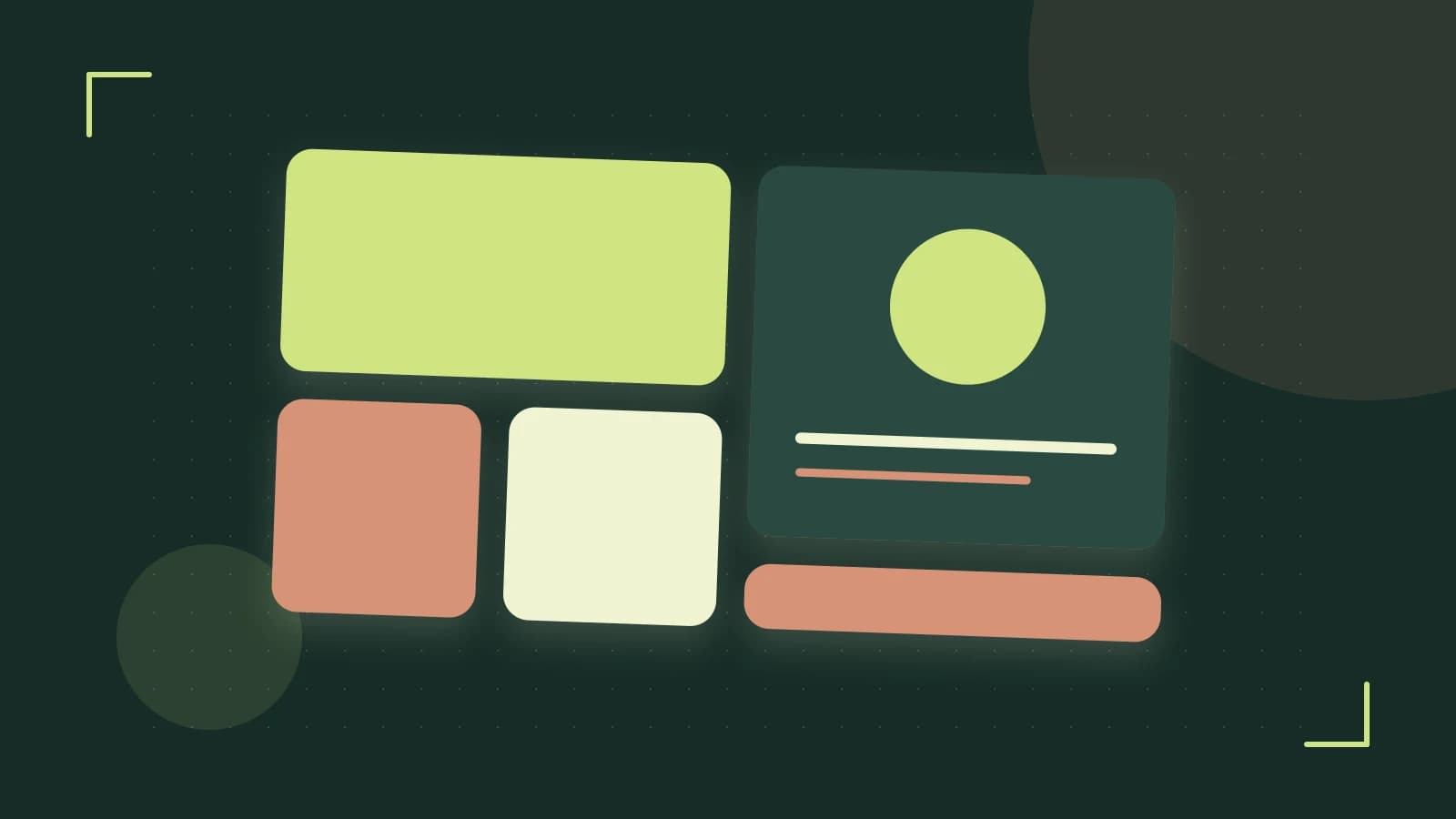 Editorial illustration of responsive browser layouts, overlapping design components and a color system