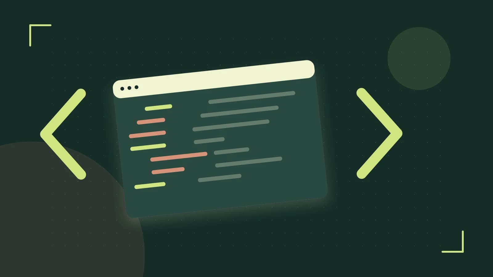 Editorial illustration of an abstract code editor, syntax blocks and oversized programming brackets