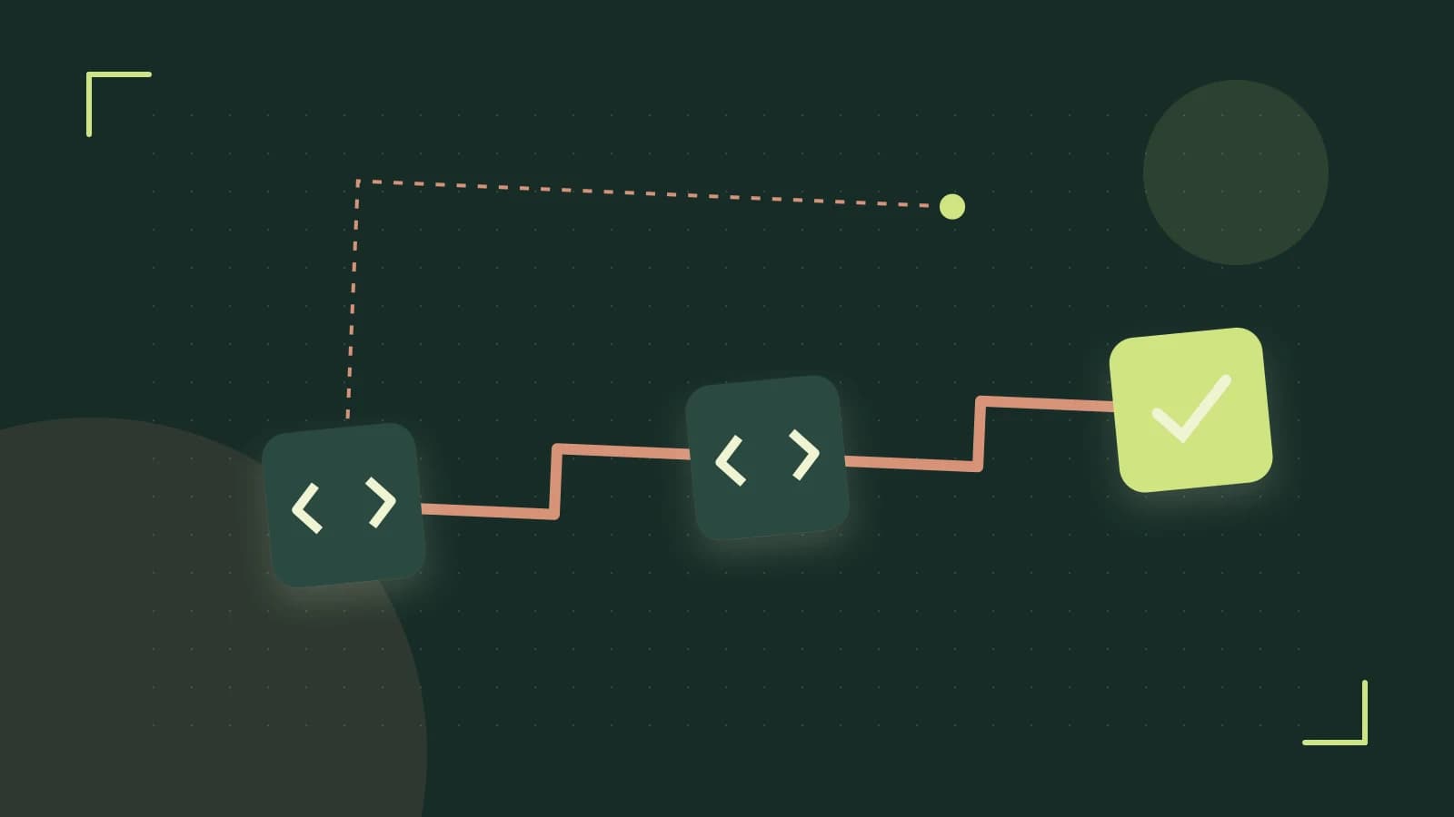 Editorial illustration of a branching build pipeline, staged transformations and a completed check