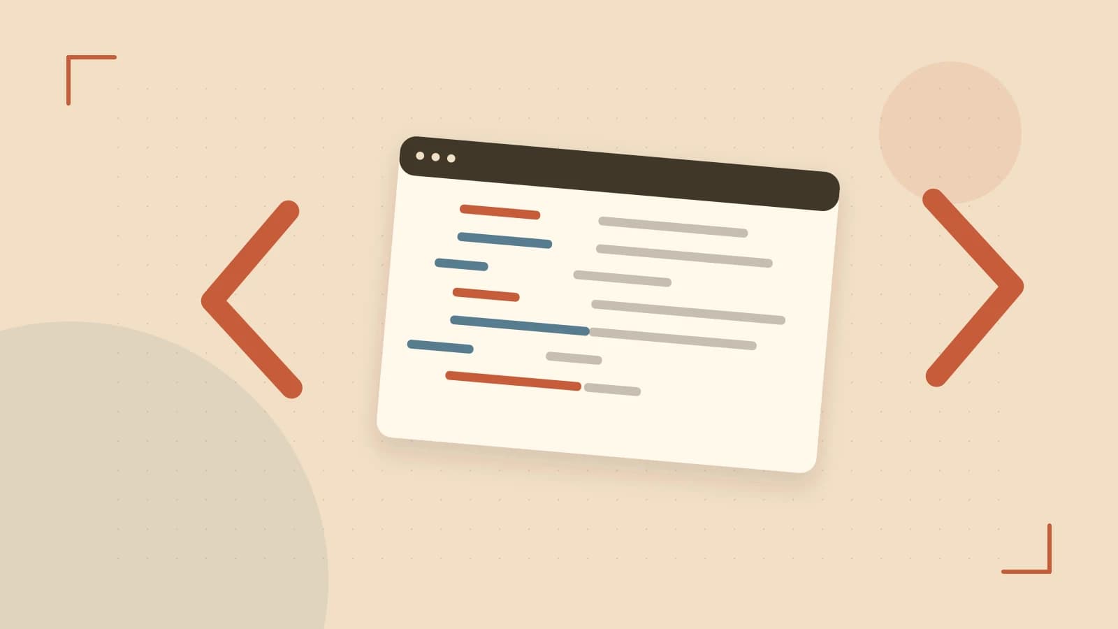 Editorial illustration of an abstract code editor, syntax blocks and oversized programming brackets