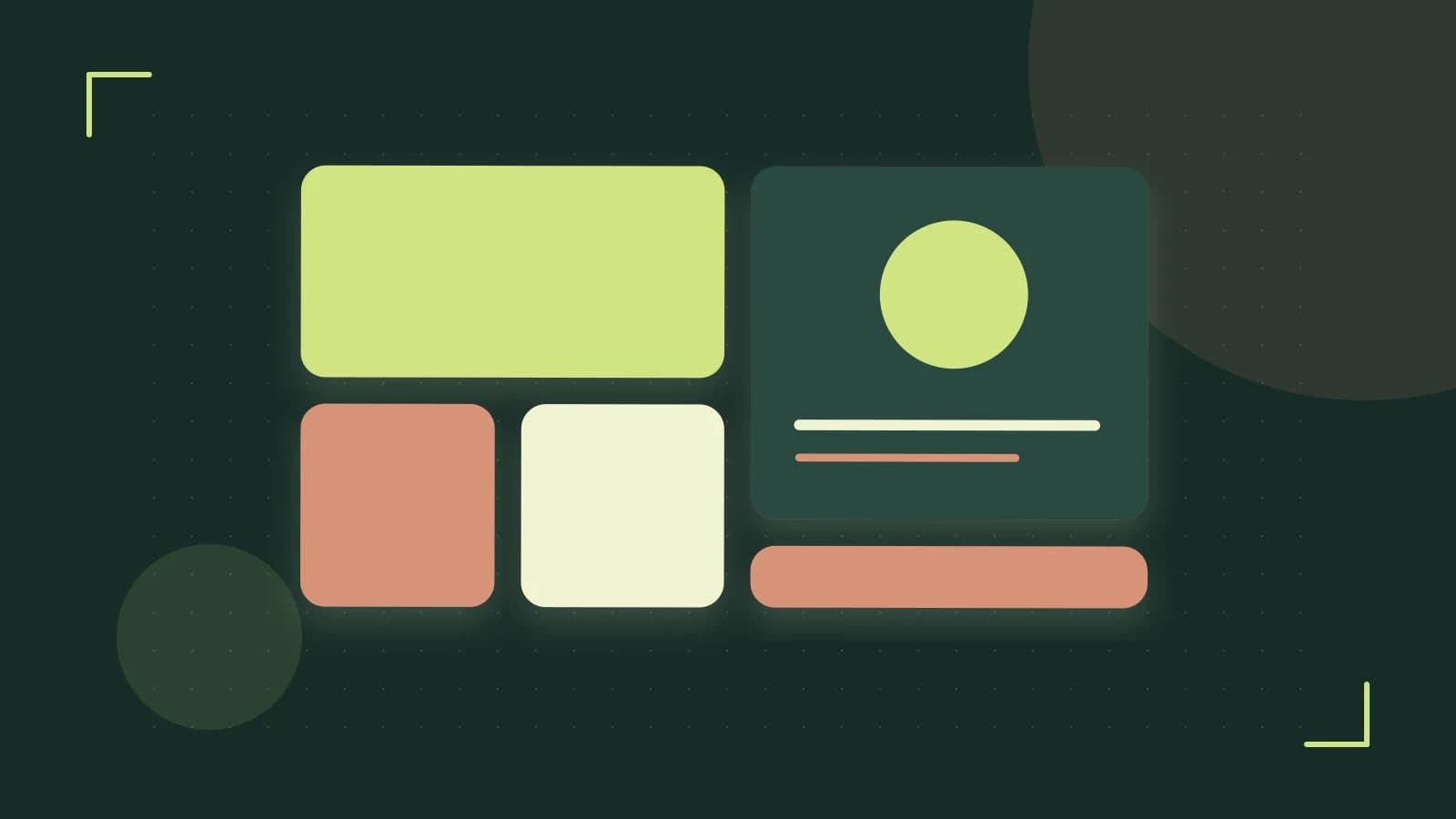 Editorial illustration of responsive browser layouts, overlapping design components and a color system