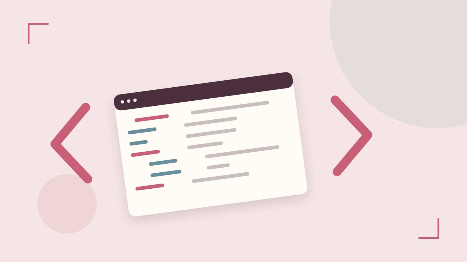 Editorial illustration of an abstract code editor, syntax blocks and oversized programming brackets