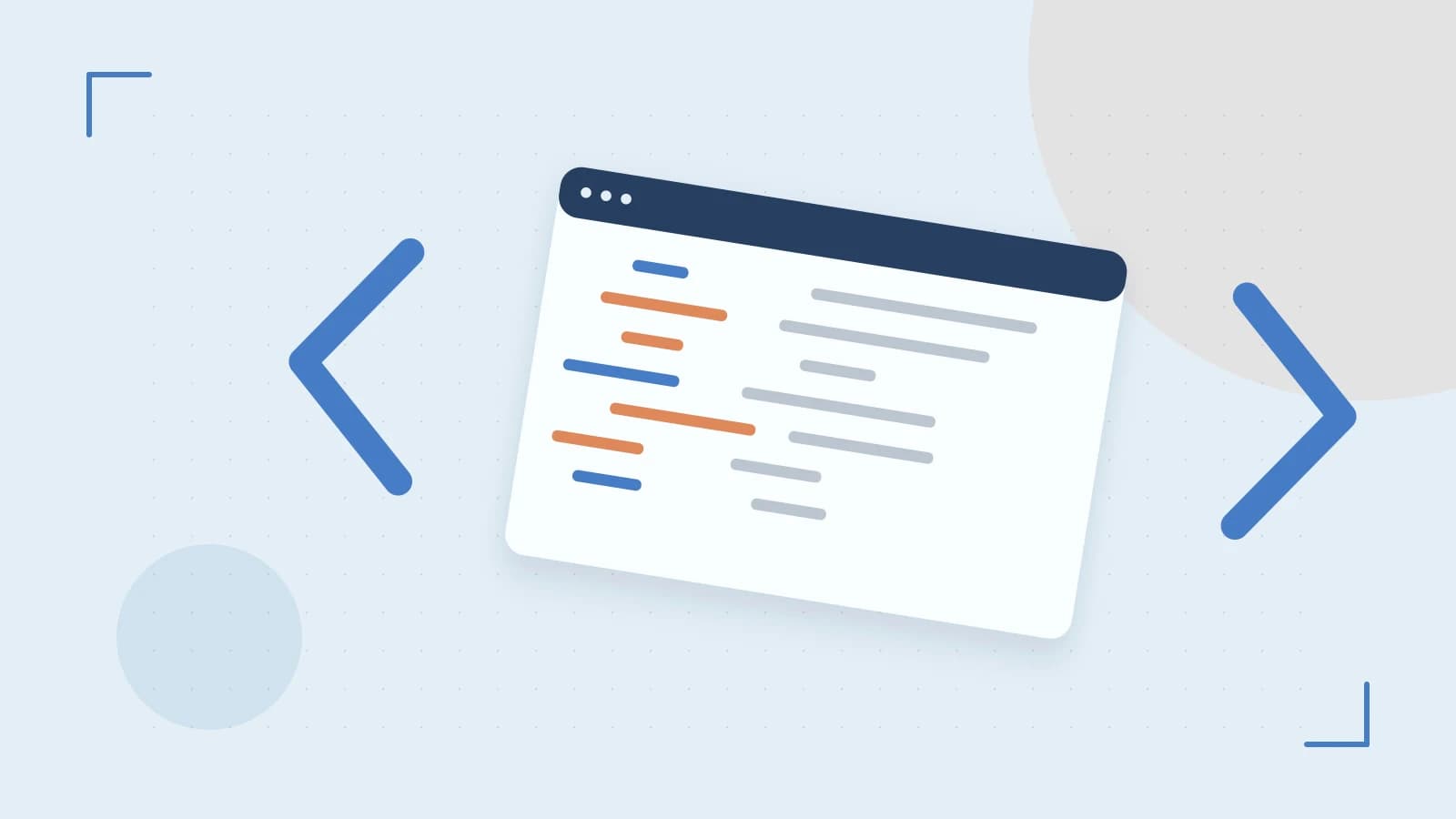 Editorial illustration of an abstract code editor, syntax blocks and oversized programming brackets