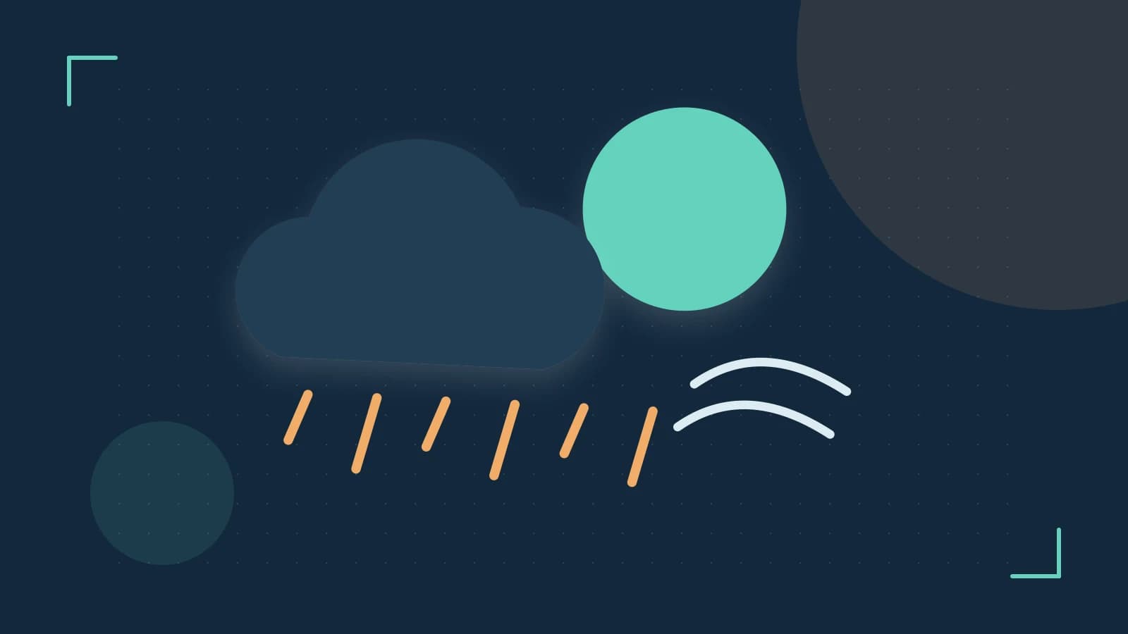 Editorial illustration of a sun, layered clouds, raindrops and flowing weather patterns