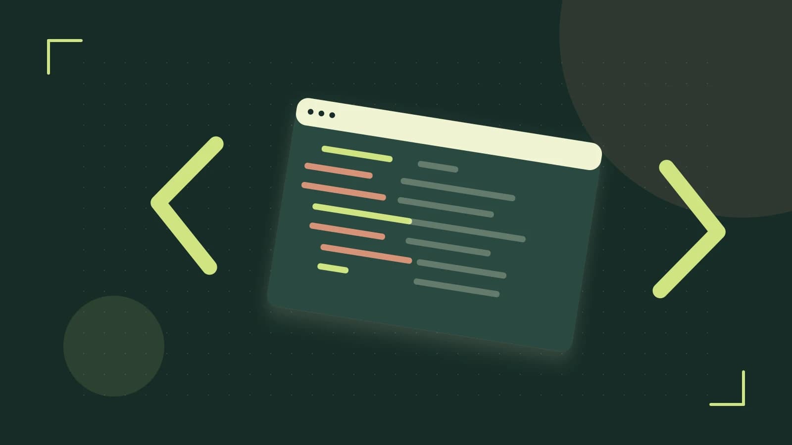 Editorial illustration of an abstract code editor, syntax blocks and oversized programming brackets