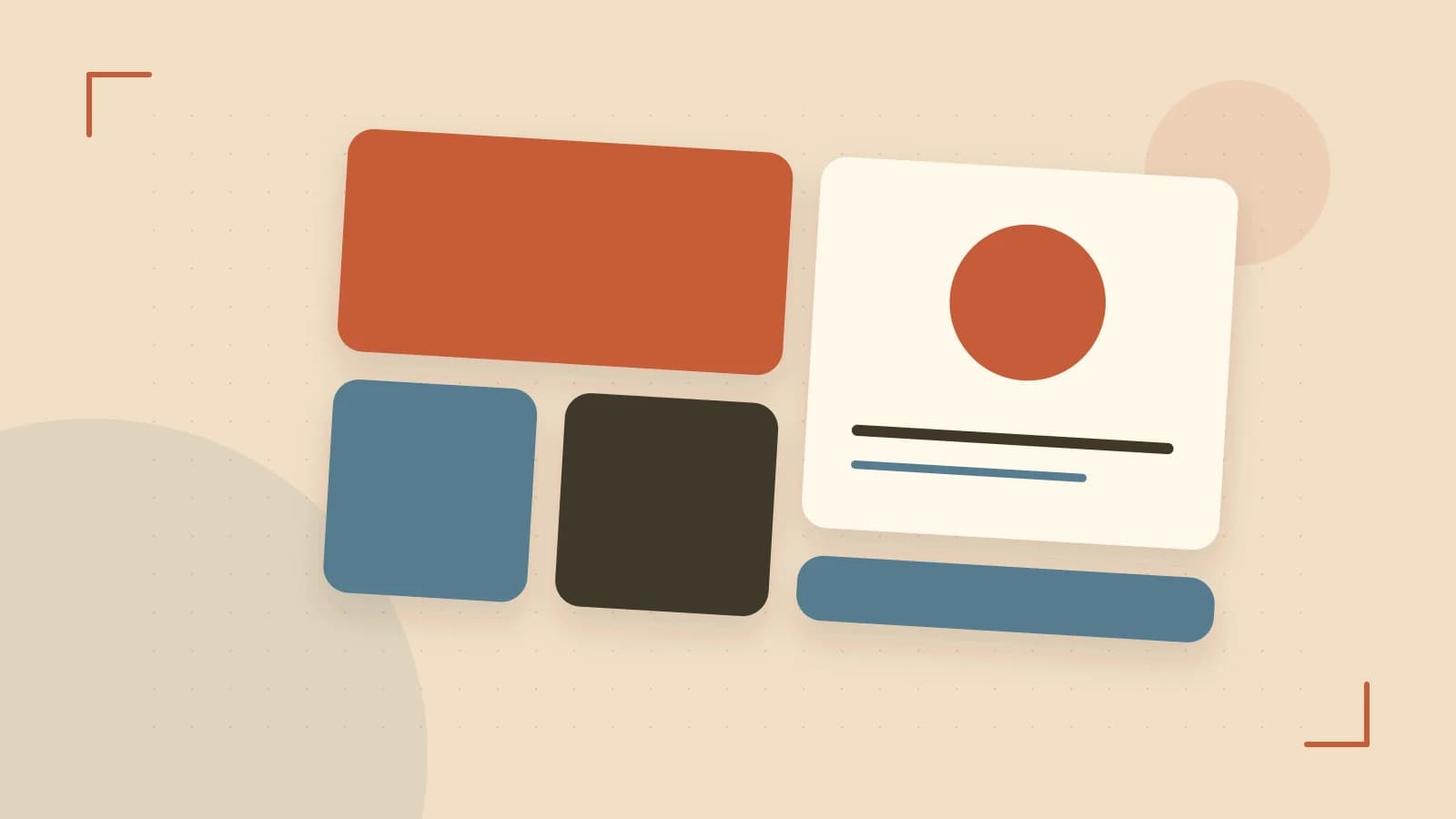 Editorial illustration of responsive browser layouts, overlapping design components and a color system