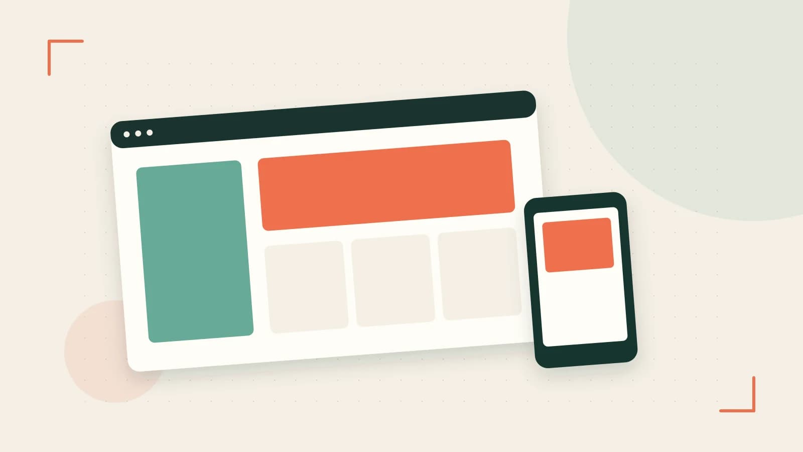Editorial illustration of responsive browser layouts, overlapping design components and a color system