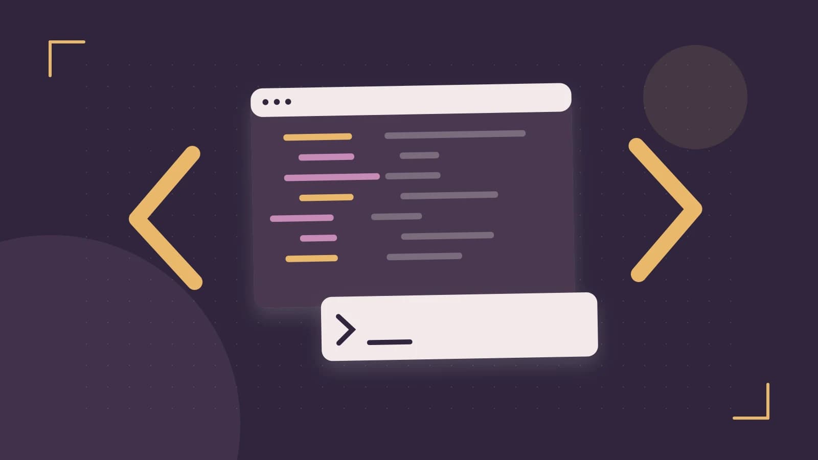Editorial illustration of an abstract code editor, syntax blocks and oversized programming brackets