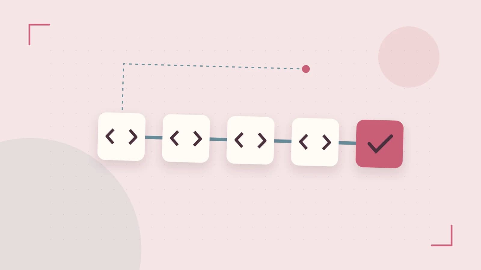 Editorial illustration of a branching build pipeline, staged transformations and a completed check
