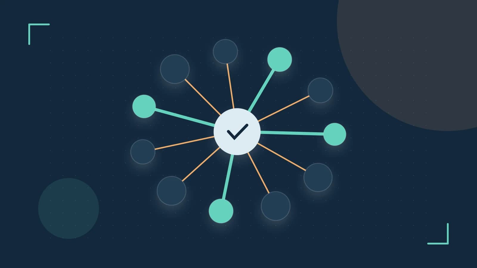 Editorial illustration of an algorithmic node graph with branching paths and a highlighted result