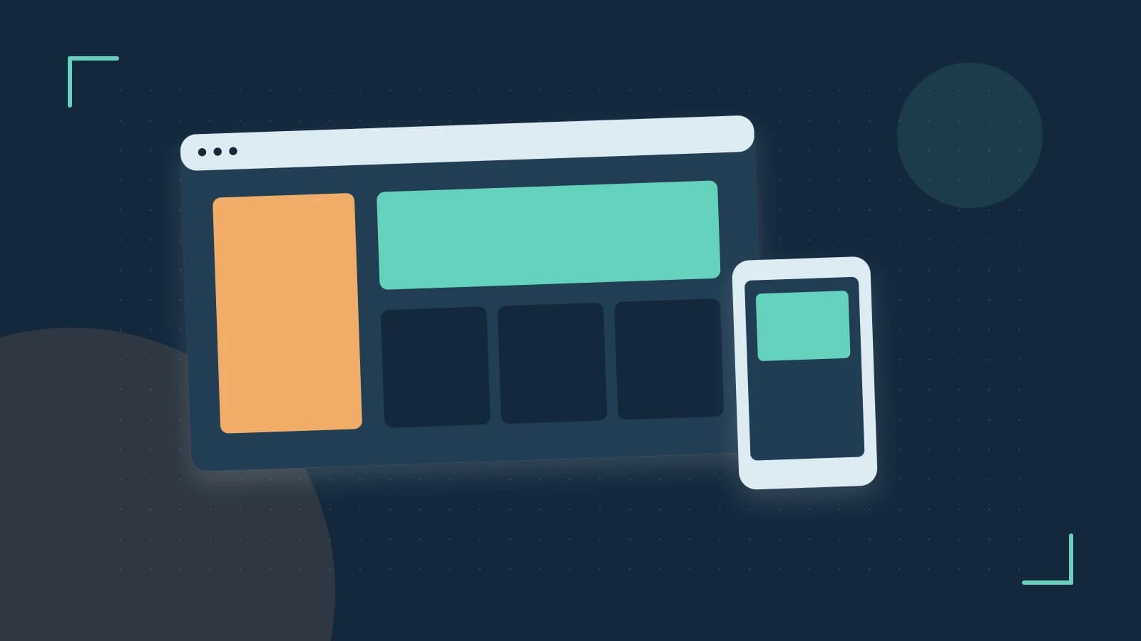 Editorial illustration of responsive browser layouts, overlapping design components and a color system