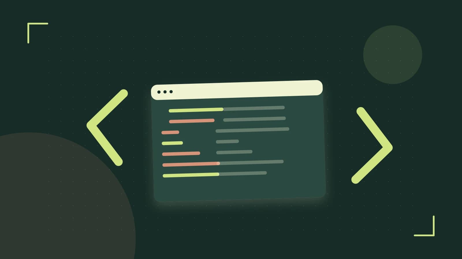 Editorial illustration of an abstract code editor, syntax blocks and oversized programming brackets