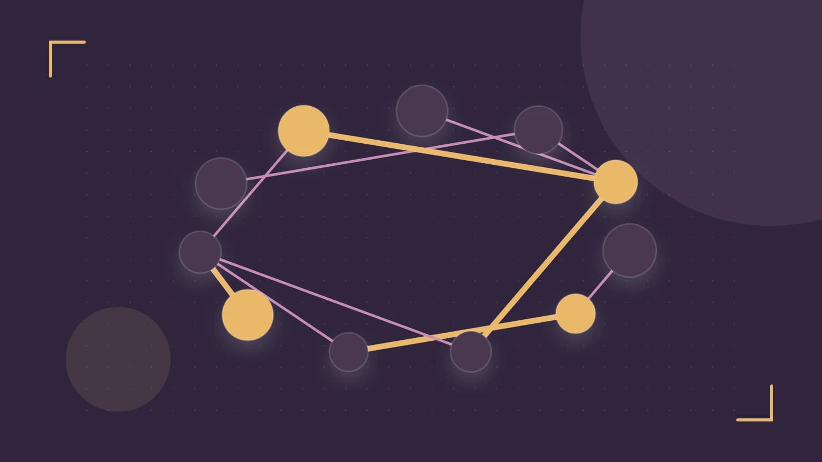 Editorial illustration of an algorithmic node graph with branching paths and a highlighted result