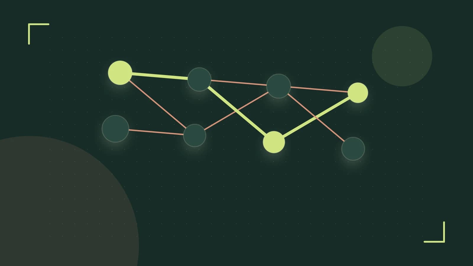 Editorial illustration of an algorithmic node graph with branching paths and a highlighted result