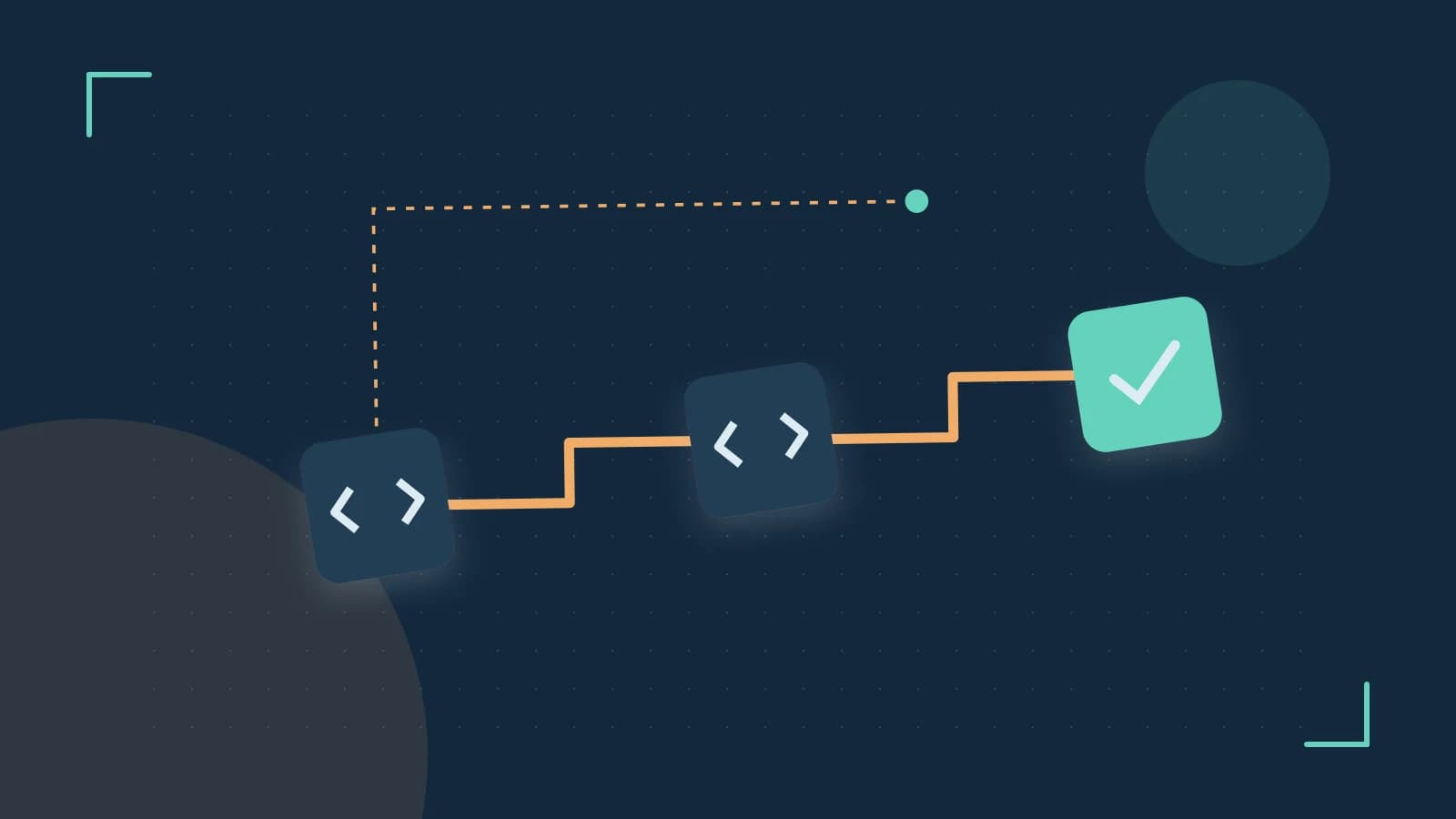 Editorial illustration of a branching build pipeline, staged transformations and a completed check
