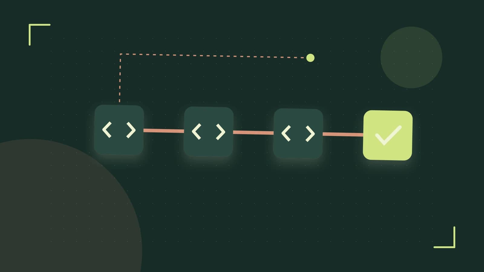 Editorial illustration of a branching build pipeline, staged transformations and a completed check