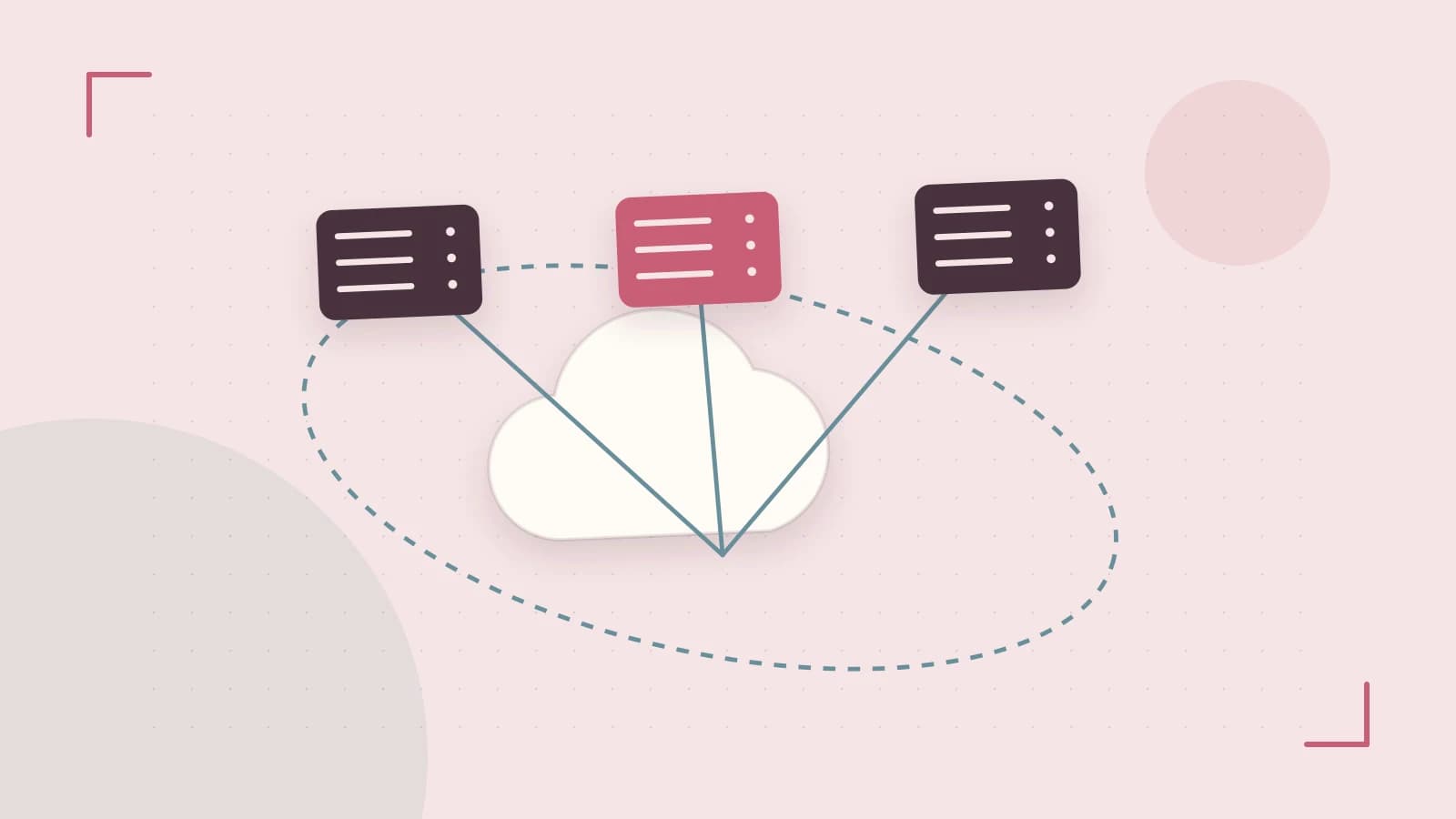 Editorial illustration of cloud infrastructure, connected server racks and an orbital service map