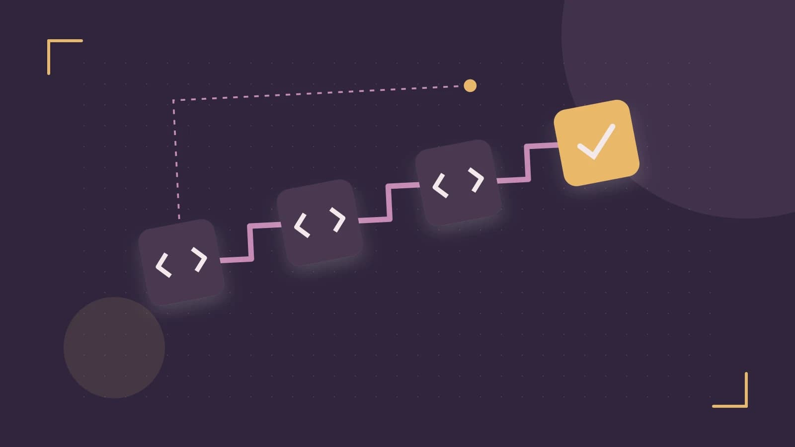 Editorial illustration of a branching build pipeline, staged transformations and a completed check
