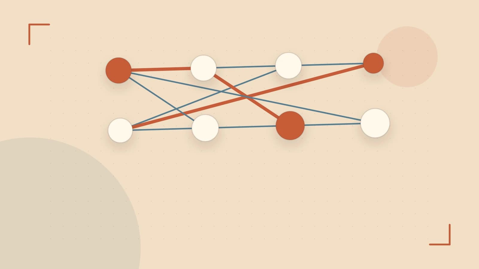 Editorial illustration of an algorithmic node graph with branching paths and a highlighted result