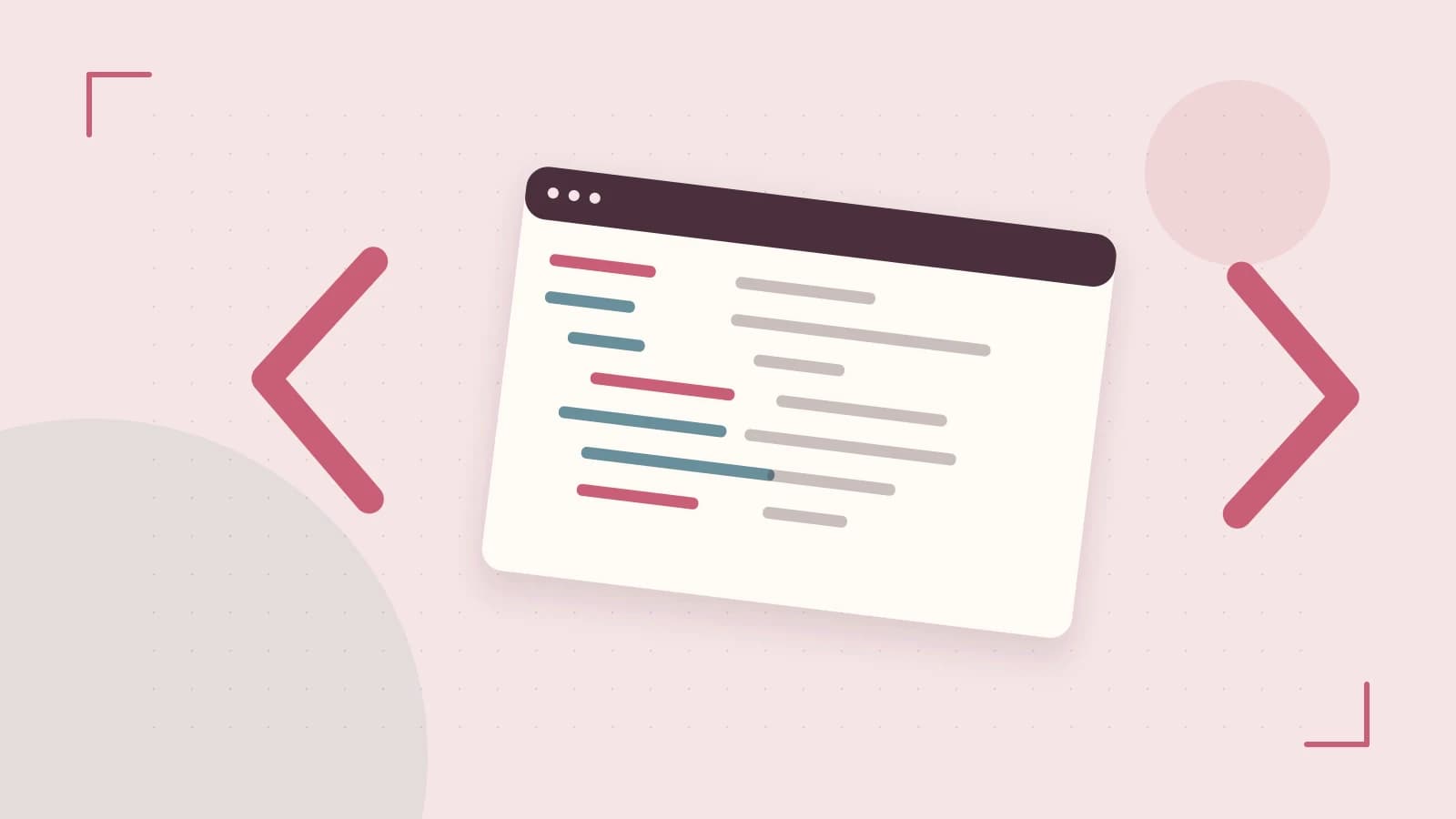 Editorial illustration of an abstract code editor, syntax blocks and oversized programming brackets