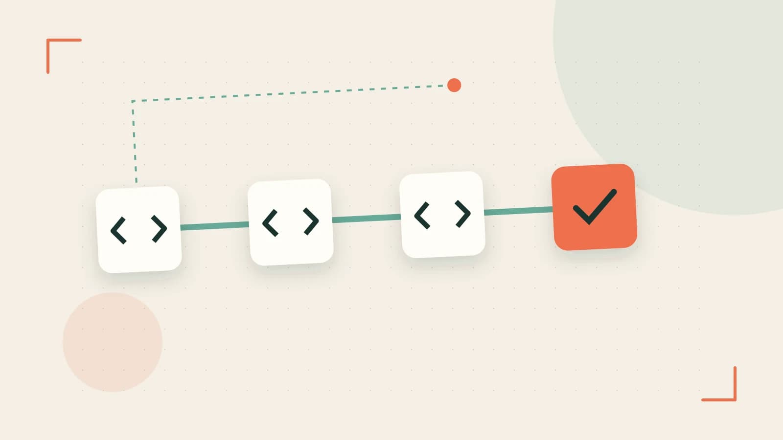 Editorial illustration of a branching build pipeline, staged transformations and a completed check