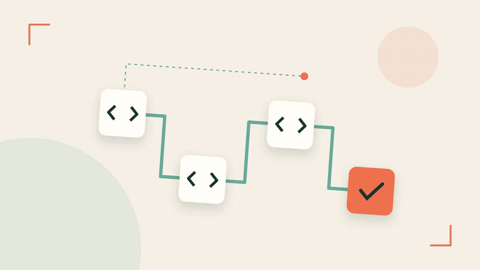 Editorial illustration of a branching build pipeline, staged transformations and a completed check