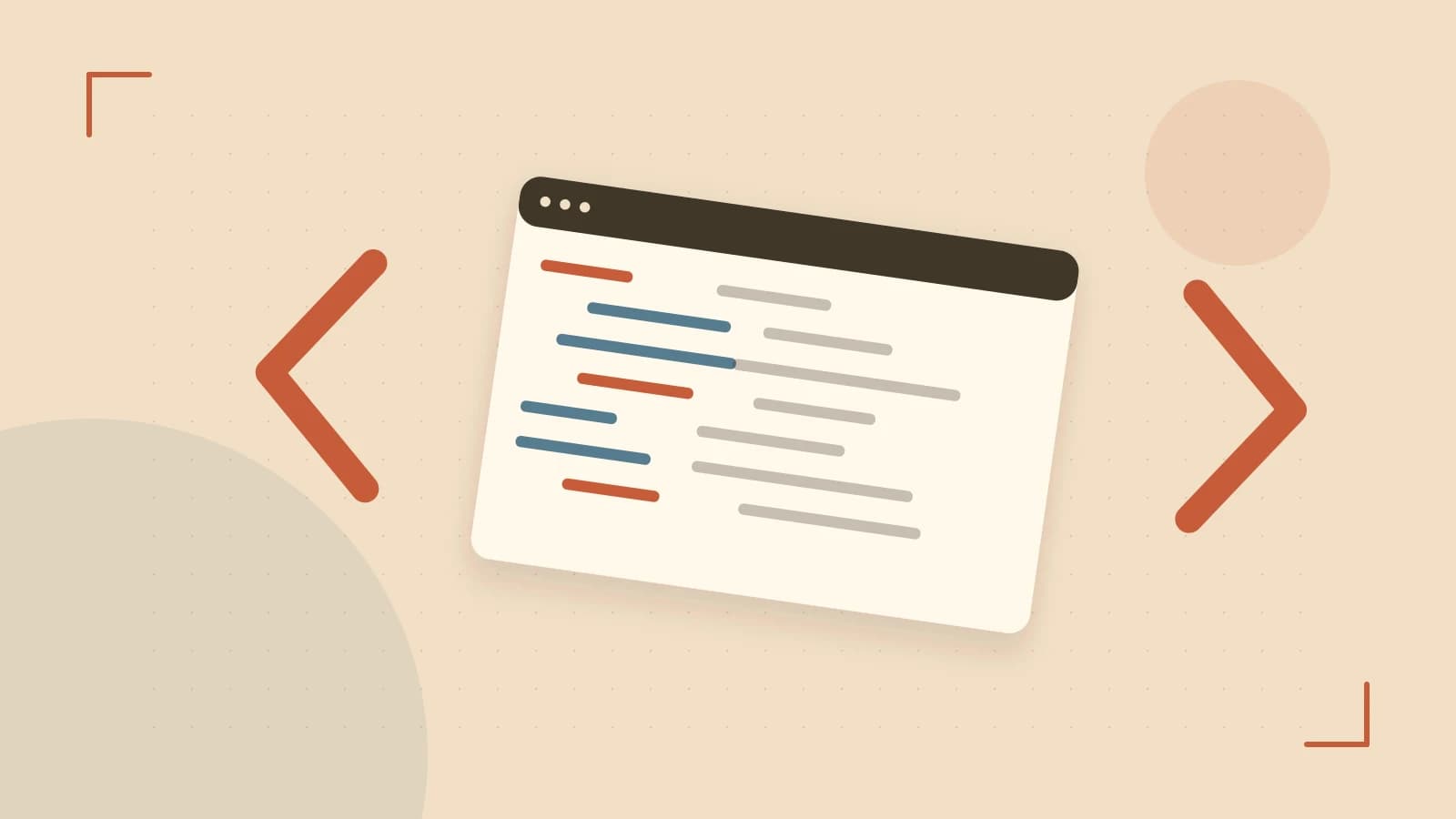 Editorial illustration of an abstract code editor, syntax blocks and oversized programming brackets