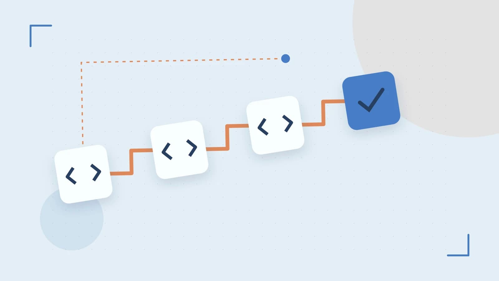 Editorial illustration of a branching build pipeline, staged transformations and a completed check