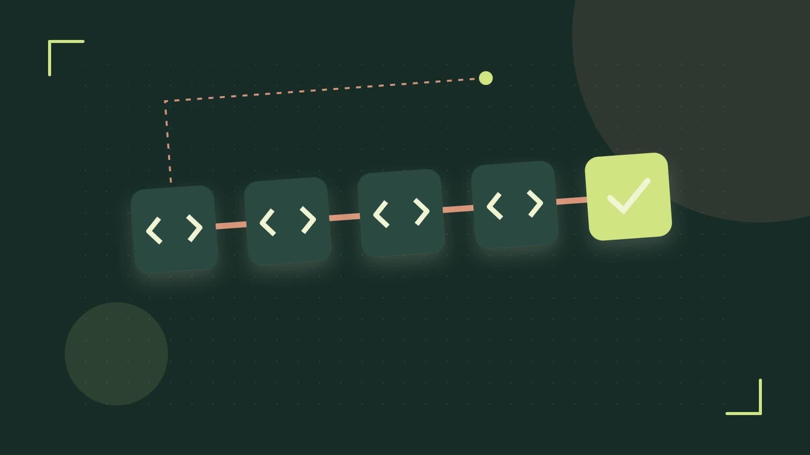 Editorial illustration of a branching build pipeline, staged transformations and a completed check