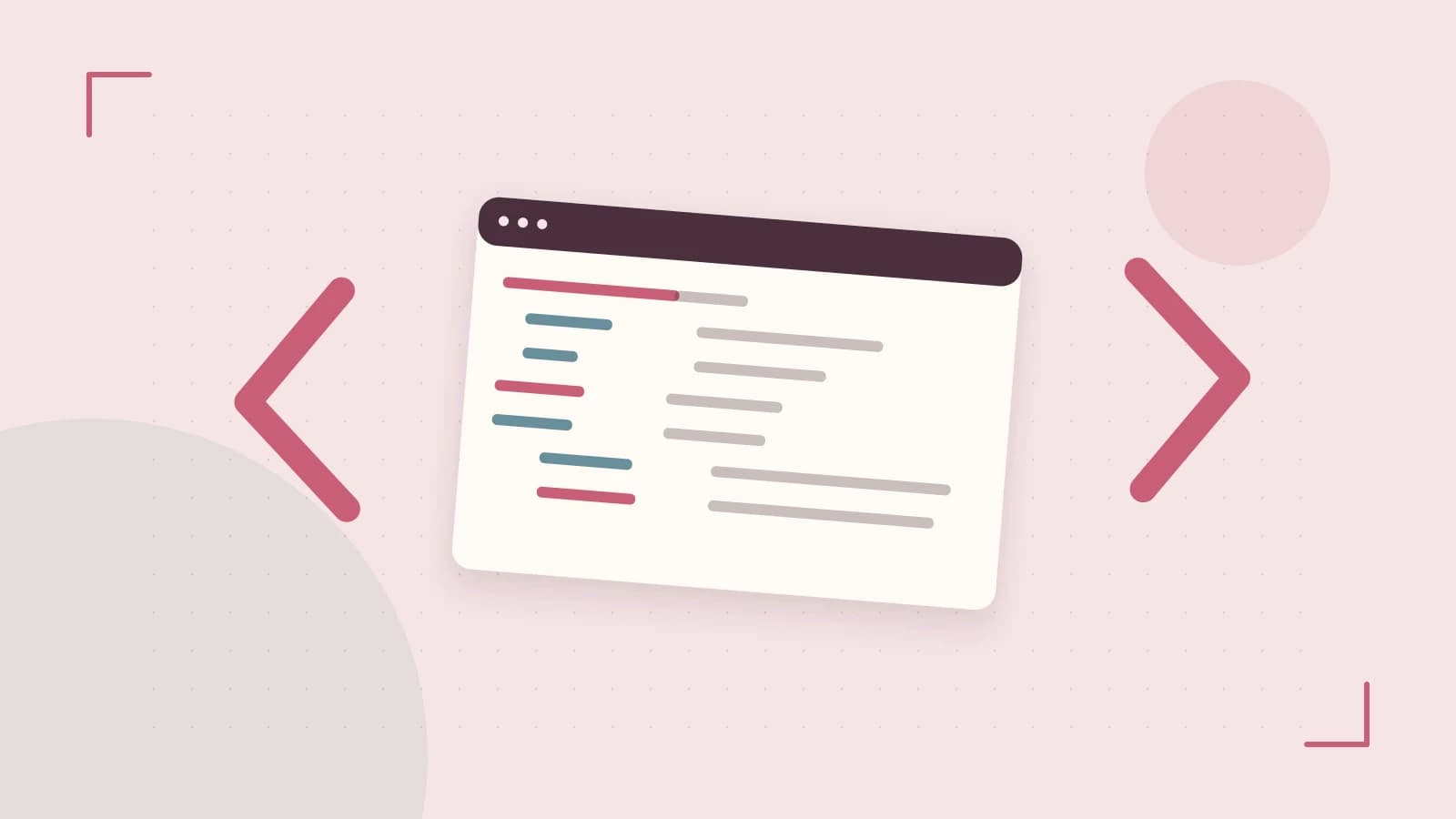 Editorial illustration of an abstract code editor, syntax blocks and oversized programming brackets