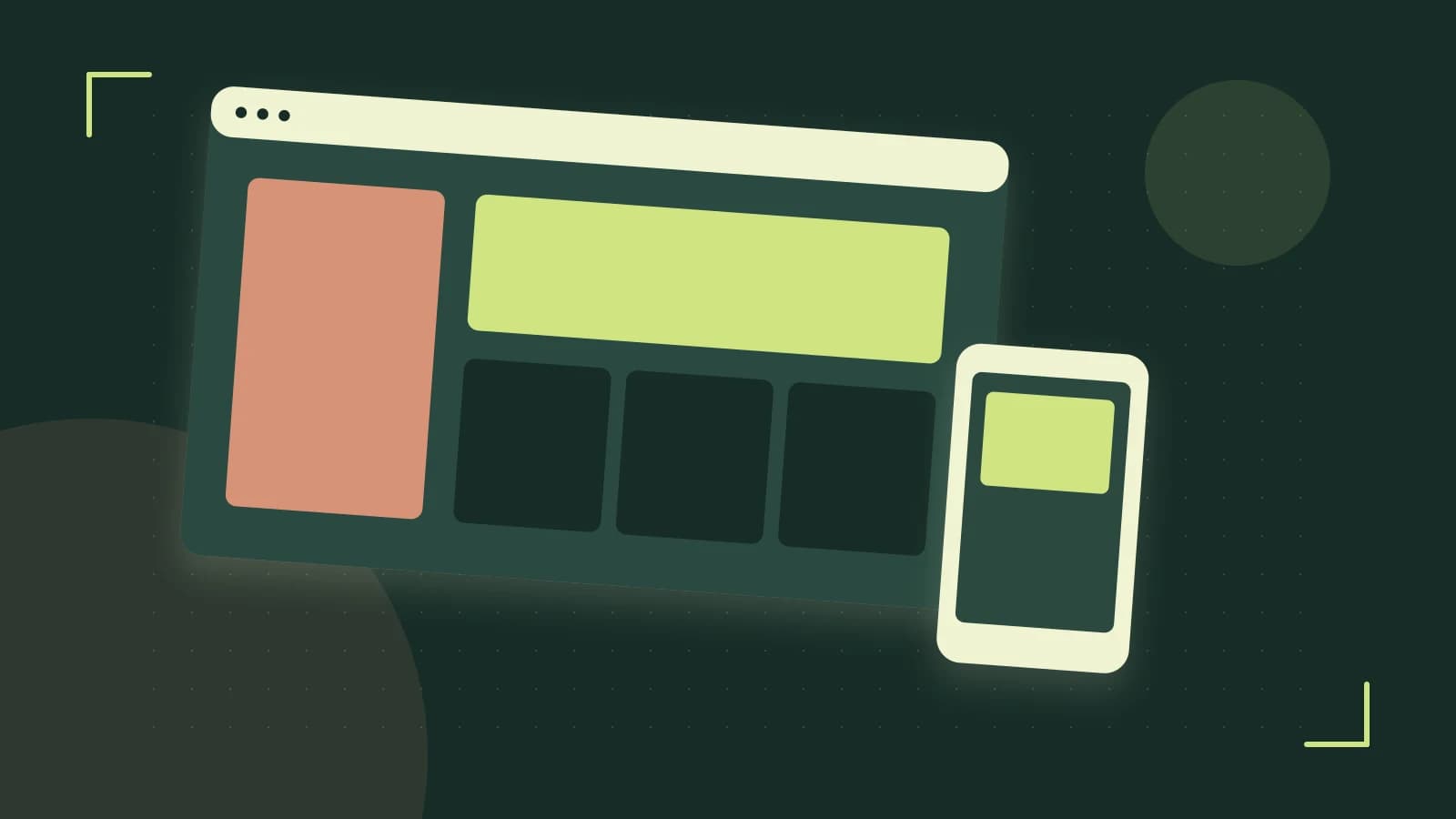 Editorial illustration of responsive browser layouts, overlapping design components and a color system