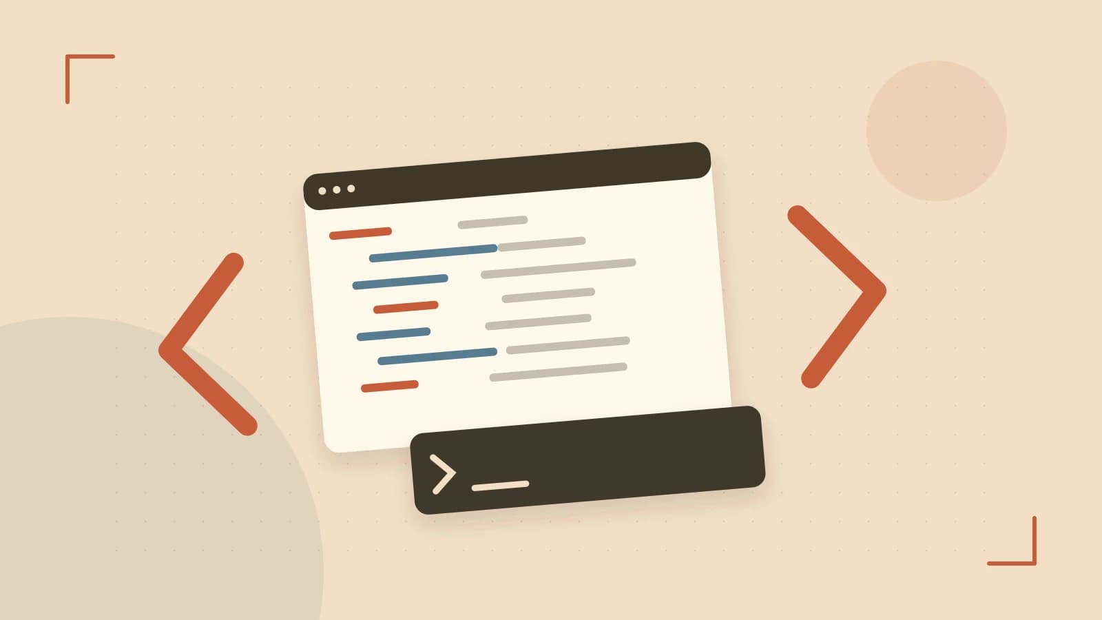 Editorial illustration of an abstract code editor, syntax blocks and oversized programming brackets