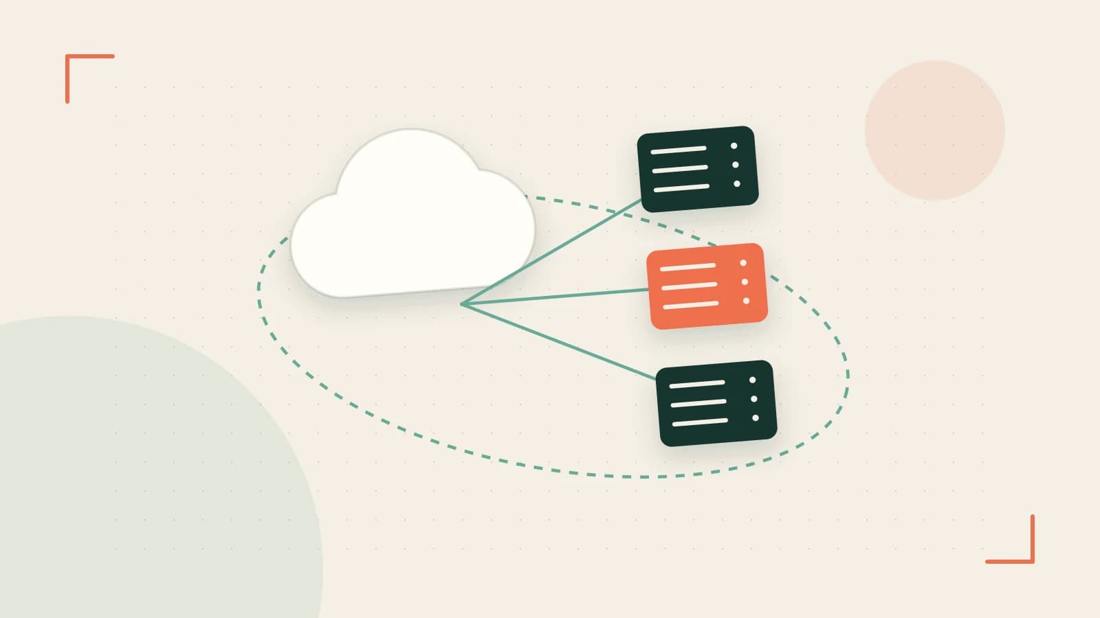 Editorial illustration of cloud infrastructure, connected server racks and an orbital service map