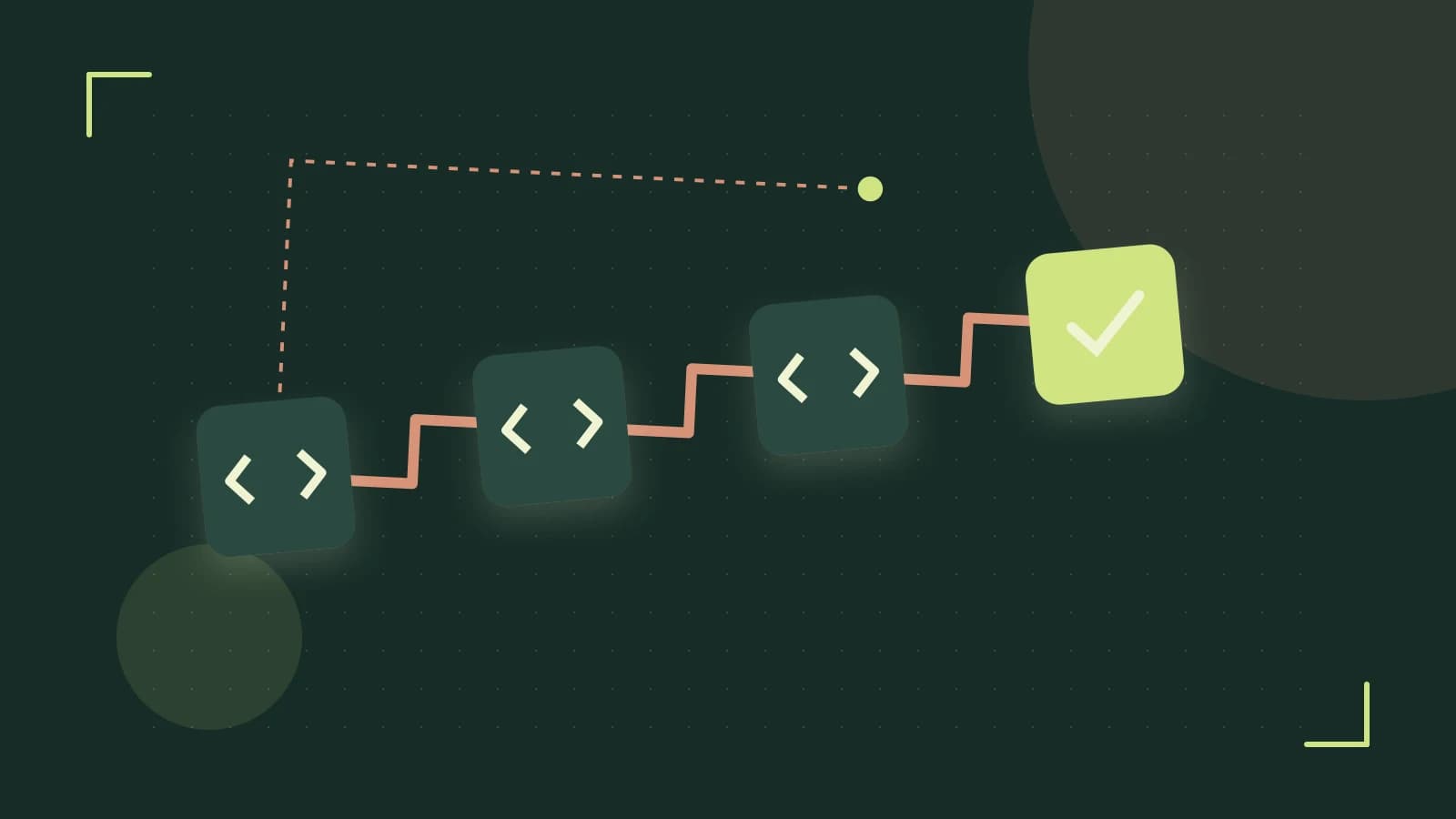 Editorial illustration of a branching build pipeline, staged transformations and a completed check